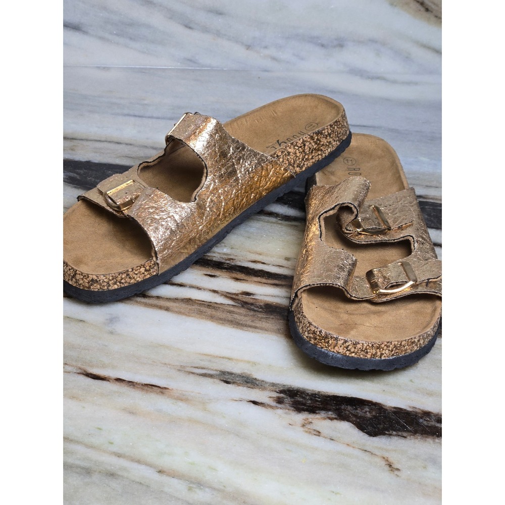 Rouge Helium Womens Metallic‎ Gold Double Buckle Cork Slide Sandals Size 11